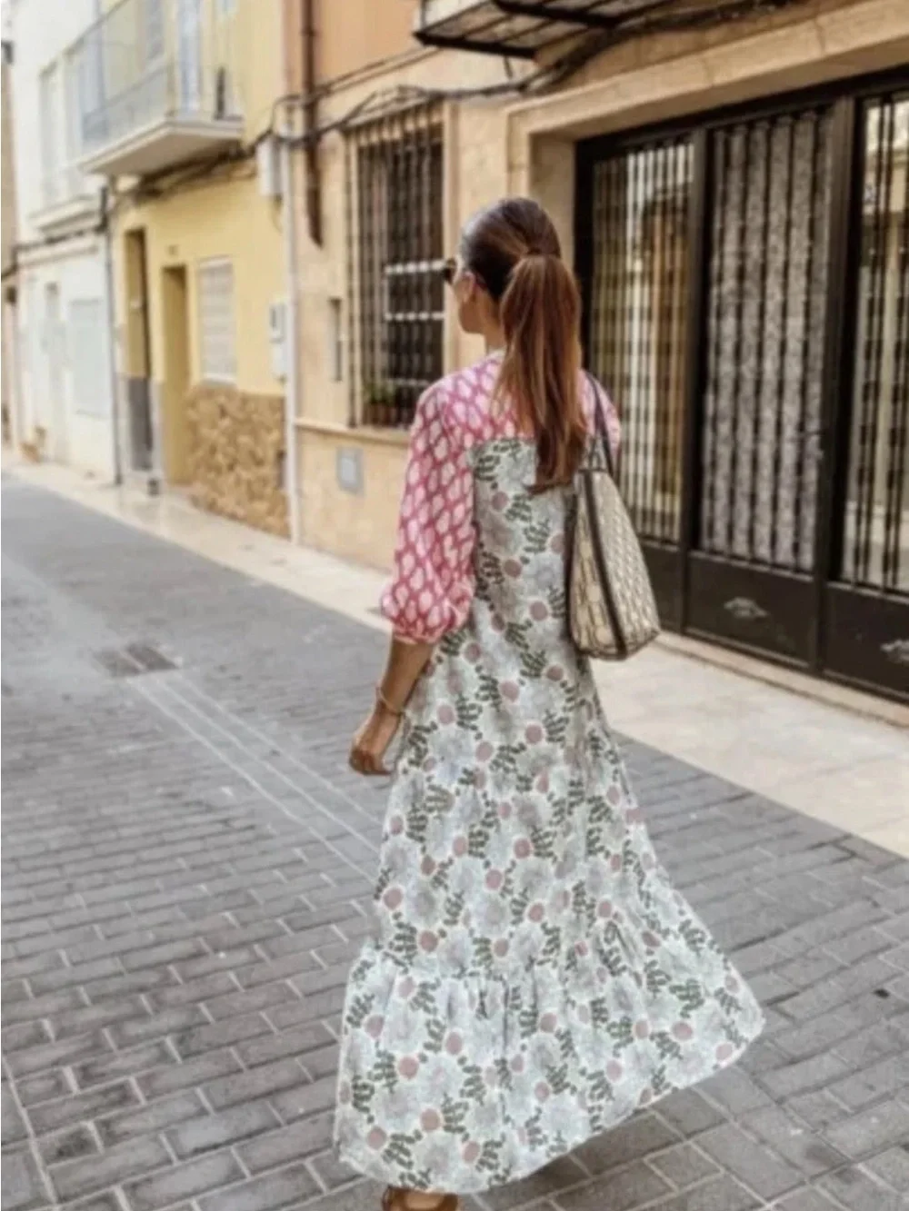 Zara Block Printed Floral Pink Ecru Midi Dress M